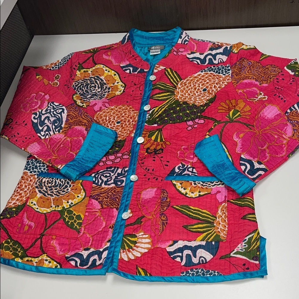 Anu Vibrant Pink Floral / Teal Quilted Reversible Silk Combo Jacket